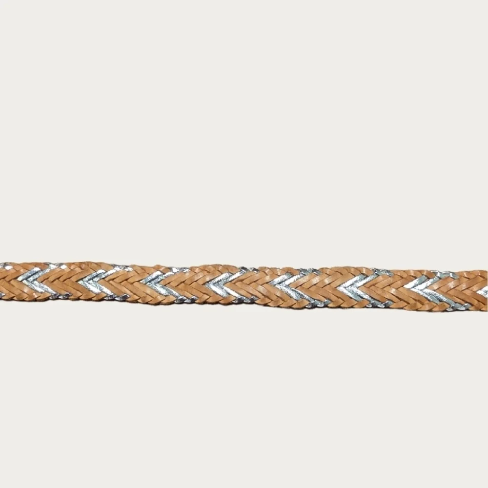 Vintage Liz Claiborne Woven Tan & Silver Leather Belt with Silver Tone Buckle M